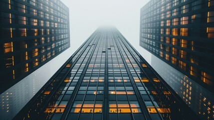 A high-rise building with a distinctive silhouette and illuminated windows, reaching into a foggy sky, creating a sense of height and modern architecture.

