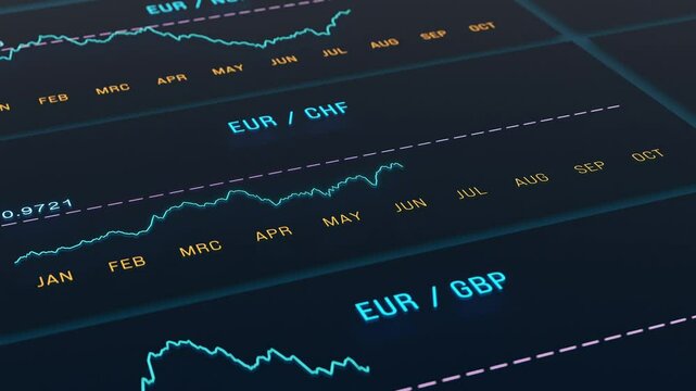 Screen with currency exchange rates and charts. Euro Japanese yen, Swiss franc currency graph moving up and Euro British pound, Norwegian krone, Chinese renminbi down.
