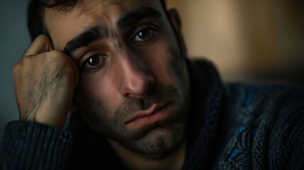 Obraz premium A man looking sad with his hand on his face.