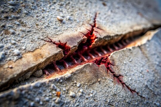 Close-up of a deep cut or gash on a rough stone or concrete surface with jagged edges and debris scattered around the wound-like opening.