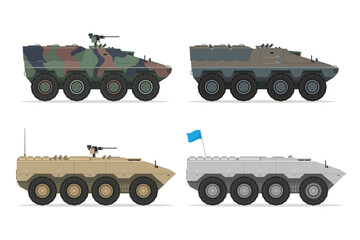 Detailed Flat Vector Illustration of Armored Personnel Carrier (APC), Side View, Military Vehicle Illustration