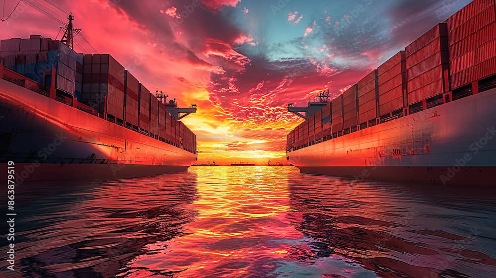 Wall mural An aerial view of a port terminal, a container, a cargo ship - Wall murals