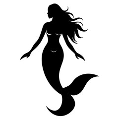 Simple Mermaid black silhouette on white background
