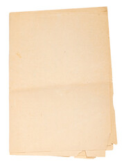 Old vintage yellowed folded sheets of paper isolated on transparent background