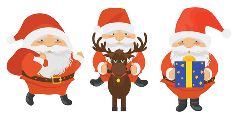 Set of funny Christmas Santa Claus characters in cartoon style. Vector illustration of Santa Claus in a red suit with a hat, with a pompon, a belt with a buckle: carries a bag of gifts, on a deer.