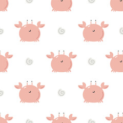 Seamless pattern with cute crab. Sea character. For for kids design, fabric, wrapping, cards, textile, wallpaper, apparel. Isolated vector cartoon illustration in flat style on white background.