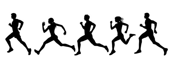 Vector silhouettes of men and women, group of running athletes, people profile, hand draw illustration, black color isolated on white background