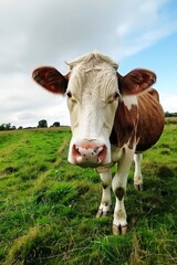 Low angle close-up of a curious cow standing in a lush green field under a bright blue sky