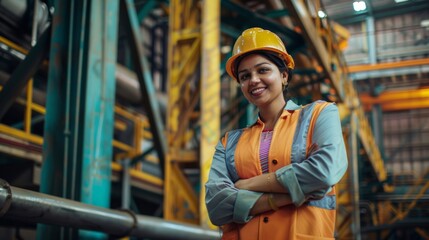 Female engineer worker, happy Asian working woman smiling in heavy industrial machinery factory Indian female engineer working with documents at prefabricated work site