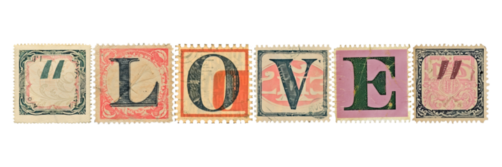 Love png vintage postage stamp alphabet design, transparent background