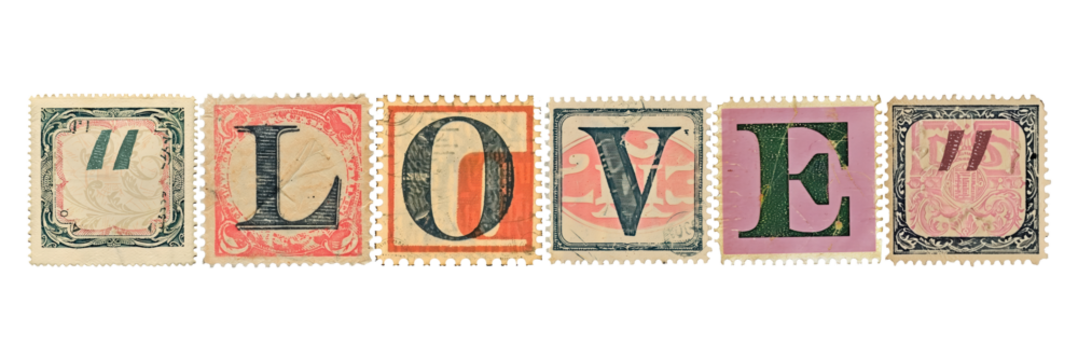 Love png vintage postage stamp alphabet design, transparent background
