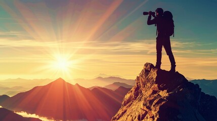 Silhouette Of A Man Holding Binoculars On A Mountain Peak Against A Bright Sunlight Sky, His Sense Of Adventure Clear
