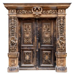 Obraz premium Old door isolated, antique gates, wood enter, vintage wooden doors, closed gateway, elegant entrance
