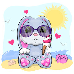 Fototapeta premium Cute cartoon rabbit in sunglasses with ice cream on a beach. Vector illustration of an animal on vacation.