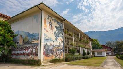 A school building with a mural depicting a historical event, representing the role of education in preserving cultural heritage and promoting historical awareness.