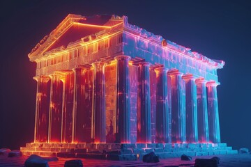 Obraz premium 3d render of a glowing greek temple at night with neon lights
