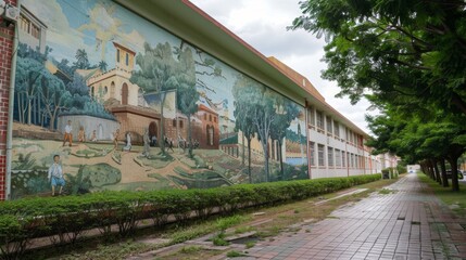 Obraz premium A school building with a mural depicting a historical event, representing the role of education in preserving cultural heritage and promoting historical awareness.