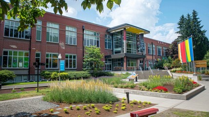 A school building with a sign promoting diversity and inclusion, showcasing the commitment to creating a welcoming and equitable learning environment.