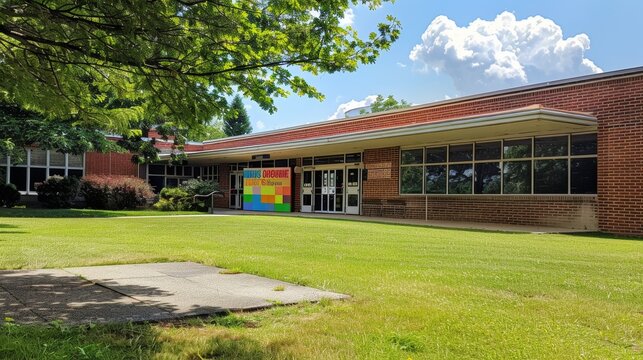 A school building with a sign promoting diversity and inclusion, showcasing the commitment to creating a welcoming and equitable learning environment.