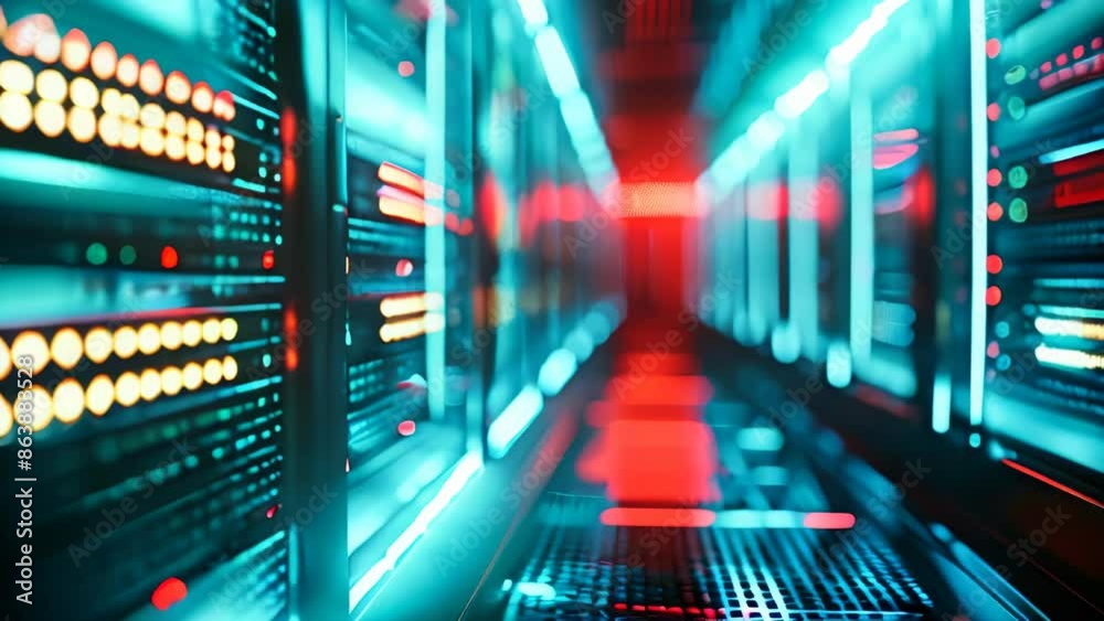 Poster data center with a row of computer servers. abstract generic concept of cyberspace, communication an