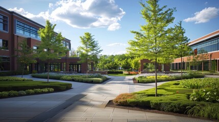 A university campus with a business school, showcasing the focus on practical skills and industry connections in higher education.