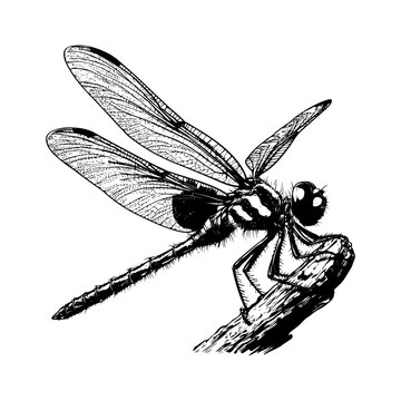 black and white dragonfly perched on branch clip art preview