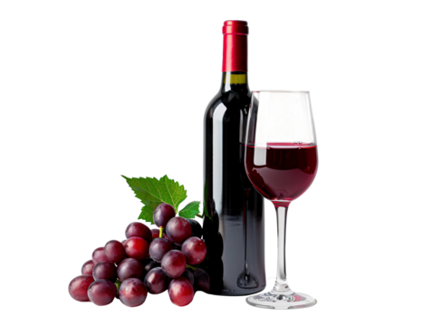 a bottle of wine next to a glass of wine and grapes