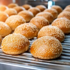 Baked sesame burger buns in line
