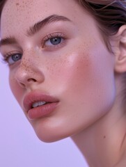 A close-up view of a woman's face with freckles, suitable for beauty or lifestyle content