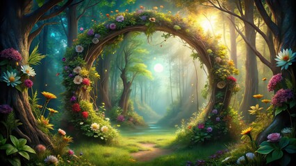 Enchanting forest landscape with a magical flower portal, mystical, fantasy, forest, landscape, flower, magic