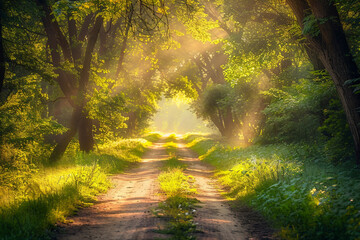 Obraz premium Picture of summer sunrise in green forest AI generative
