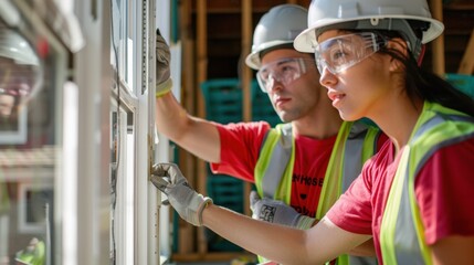 Construction workers installing windows
