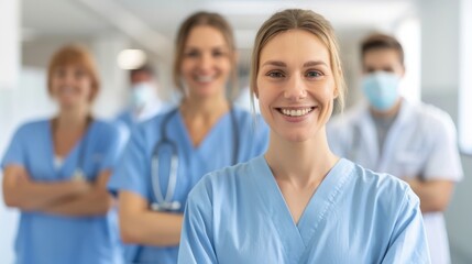group of female doctors and nurses with a male doctor, stethoscopes, health professionals portrait in a hospital setting, dedicated medical team