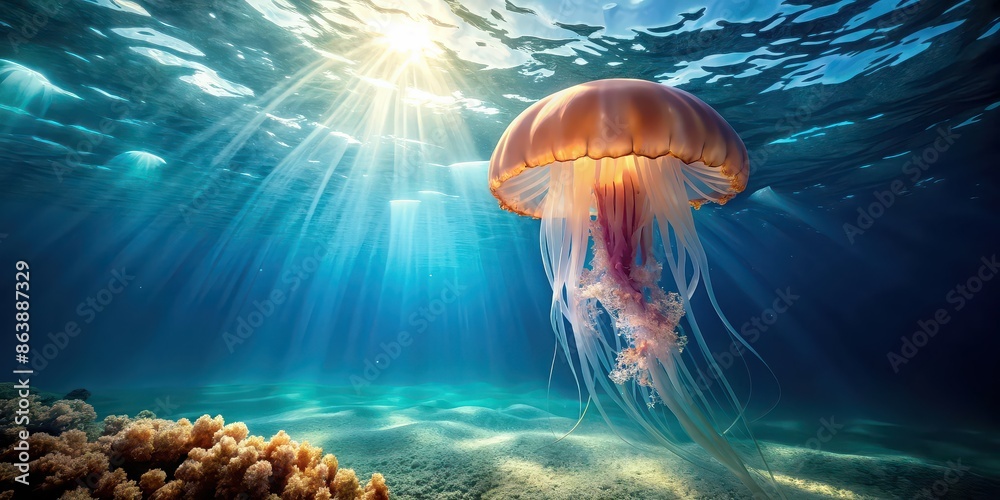 Wall mural A beautiful jellyfish floating in the ocean underwater, marine life, sea creature, ocean, wildlife, underwater world