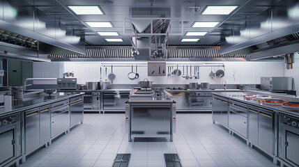 A commercial kitchen reflecting cleanliness and shine is a perfect example of perfect organization and attention to hygiene, which emphasizes the high standard of catering services.