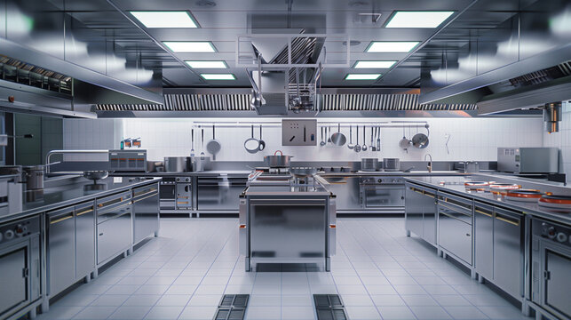 A commercial kitchen reflecting cleanliness and shine is a perfect example of perfect organization and attention to hygiene, which emphasizes the high standard of catering services.