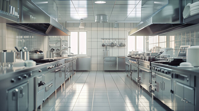 A commercial kitchen reflecting cleanliness and shine is a perfect example of perfect organization and attention to hygiene, which emphasizes the high standard of catering services.