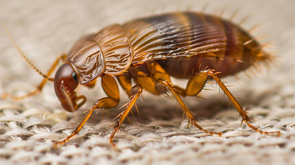 A close-up plan of a flea on fabric, perfect for teaching materials, shows the structure and appearance of this insect up close, supporting learning about parasites.