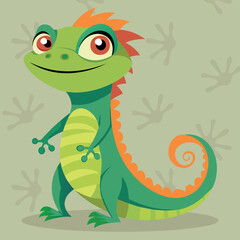 Obraz premium Funny and cute green lizard flat design. Cartoon reptile isolated vector illustration. Vector cartoon chameleon. African animal. Funny green female lizzard with open mouth.