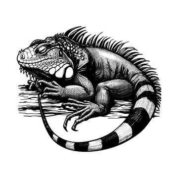 black and white iguana resting on log clip art preview