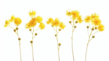 Three golden wattle flowers in a row, isolated on white background.