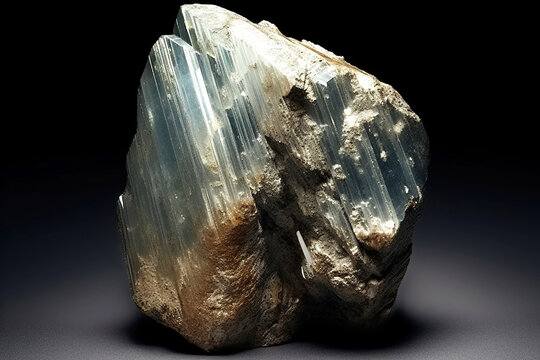 Zinnwaldite fossil mineral stone. Geological crystalline fossil. Dark background close-up.