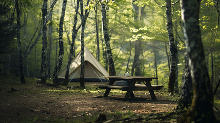 A wooden table and a tent among the forest thickets create an idyllic picture, perfect for a family picnic or an outdoor adventure.