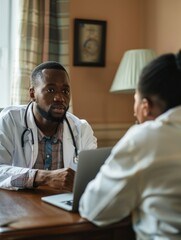 Obraz premium A couple sits together at a table with a laptop, likely working or studying together