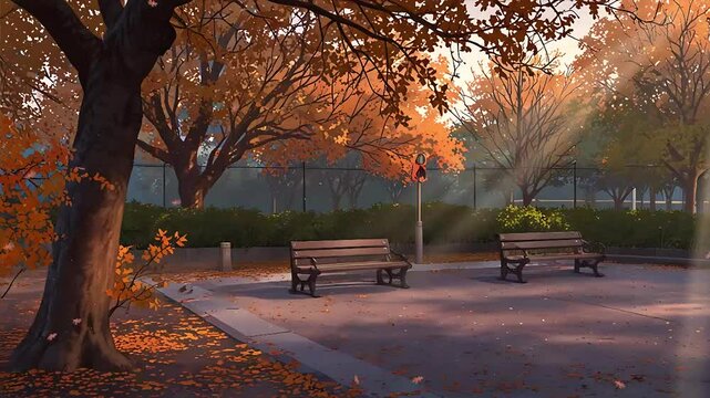 A weathered wooden bench is the focal point in a serene park setting at twilight. 4K Looping Video includes a chain-link fence and autumnal trees behind, with warm street lamps lighting a paved path.