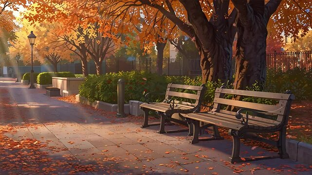 Twilight in a serene park with a weathered wooden bench as the main focus. 4K Video features a chain-link fence and autumnal trees in the background, with warm street lamps illuminating a paved path.