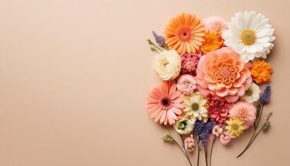 Obraz premium Creative layout made of various flowers. Flat lay delicate colors bouquet , generated by AI. High quality photo
