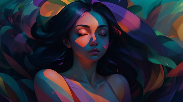 Femininity, female beauty and peace of mind, female mental health art concept. Animation illustration looped 4k