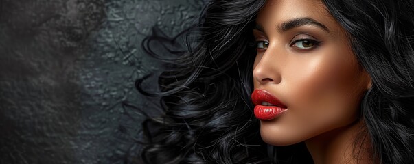 Fototapeta premium Closeup portrait of a beautiful woman with long black hair and red lipstick.
