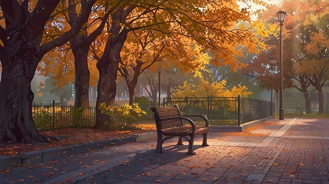 At twilight, a serene park setting highlights a weathered wooden bench. 4K Looping Video captures a chain-link fence and autumnal trees behind it, while warm street lamps light up a paved path.